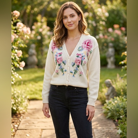 Max Studio Sweaters - Take 50% OFF- Max Studio Cream Floral V-Neck Button-Up Cardigan, Size-S